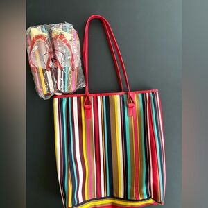 NWOT Lancôme Vintage Striped Tote with Matching Flip Flops